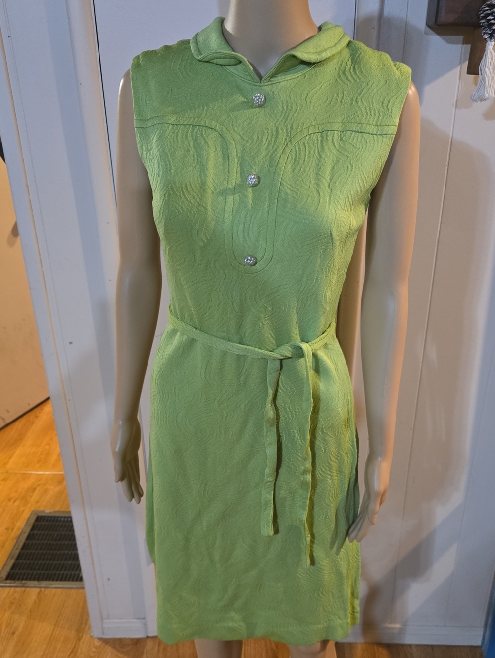 1960s Parkshire Sleeveless Lime Green Textured Belted Dress